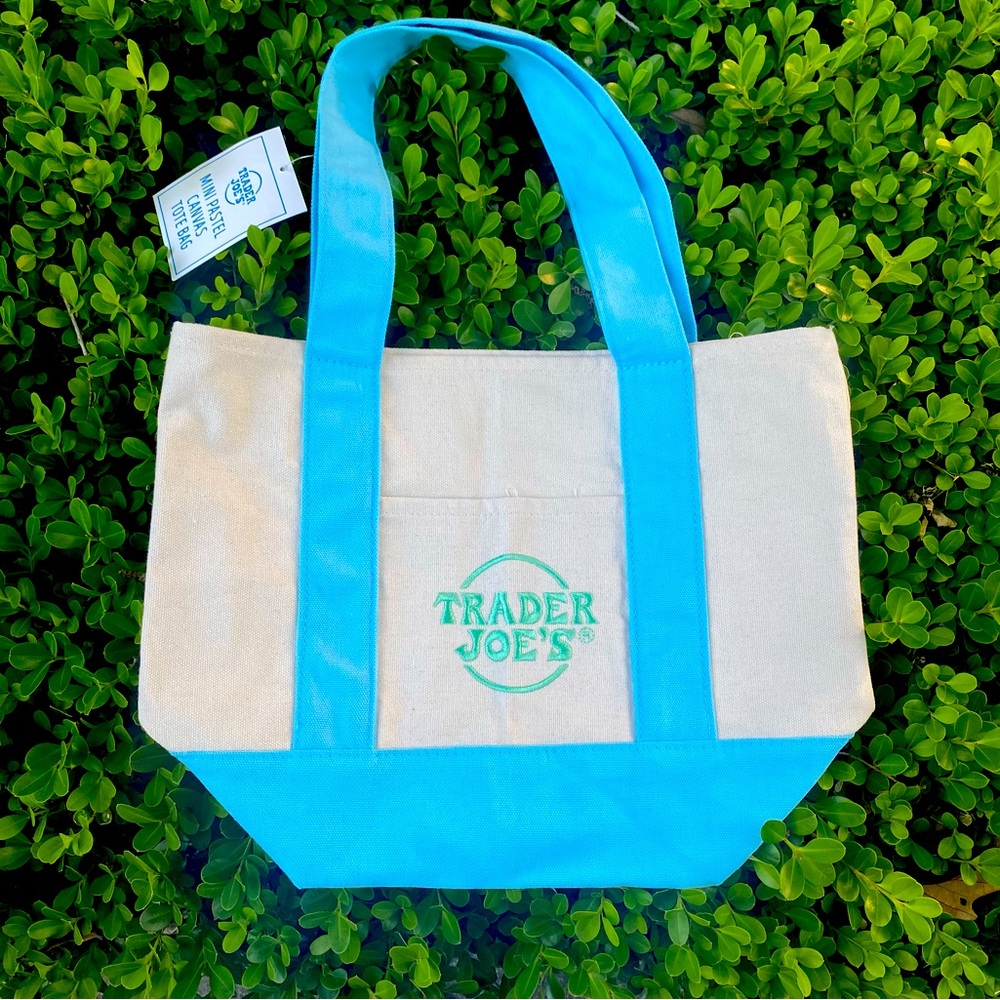 NWT Trader Joe's Blue and Cream Mini Pastel Canvas Tote Bag Limited Edition